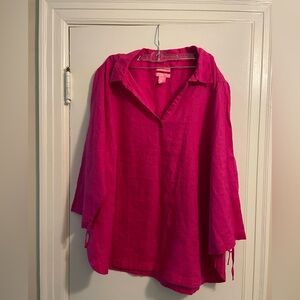 Isaac Mizrahi Hot Pink 100% Linen Lightweight Flowy Top Blouse Size 2X